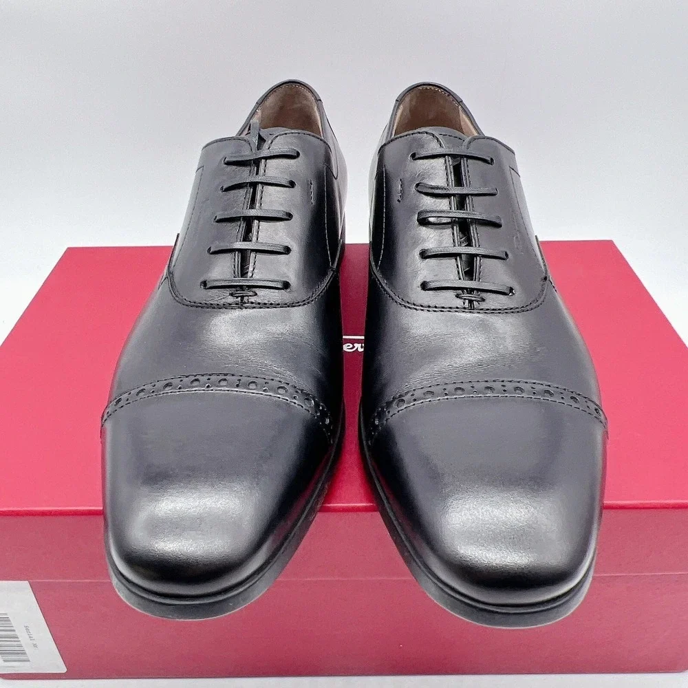 Salvatore Ferragamo Riley Men Dress Shoes Lace Up Oxfords Black Leather US 7 EE